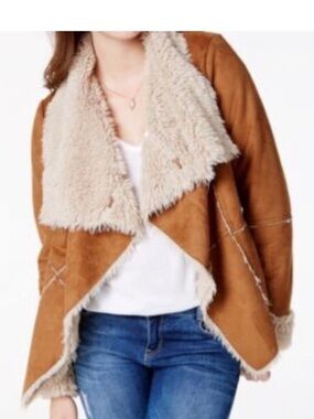 American Rag Cie Camel Faux Suede Fur Waterfall Teddy Cream Sherpa Jacket SZ L